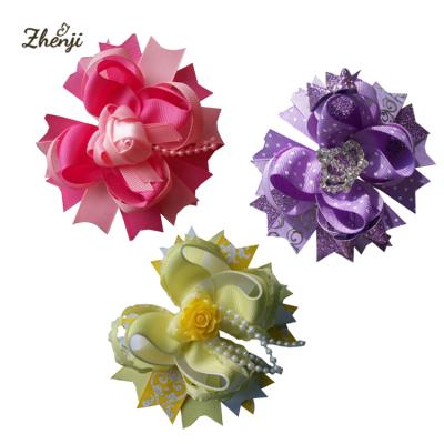 China European and American Princess Style Fashion Girls Ribbon Layered 4.5 Inch Rose Hair Bows with Alligator Hair Clips Hairbows Hair Accessories for Kids for sale