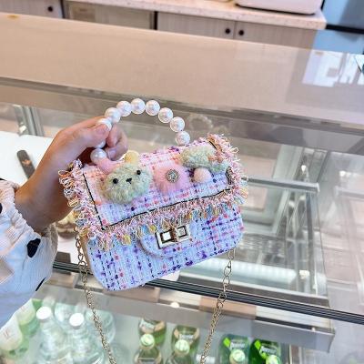 China 2021 Fashion Wholesale Kid Jelly PU Cross Chain Shoulder Children Bag Handle Coin Purse Little Girls Purses and Handbags pearl for sale