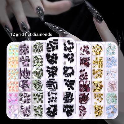 China 12 Diamond Glass Grids / Flat Bottom Box Special Shaped Glass Colored Diamonds Mix And Match Nail Decoration for sale