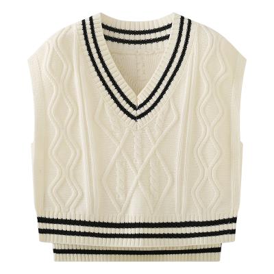 China Girl's Retro Breathable Beige Winter Sweater V-Neck V-Neck Vest Top Knitted Winter Knit Vest for sale