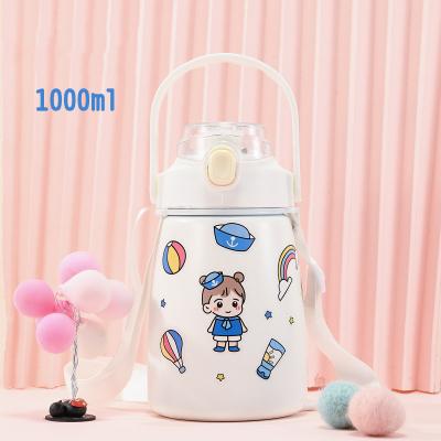 China Large Capacity 304 Stainless Steel Portable Children's Heat Preservation Kettle 1L With Big Belly Straw Water Bottle for sale