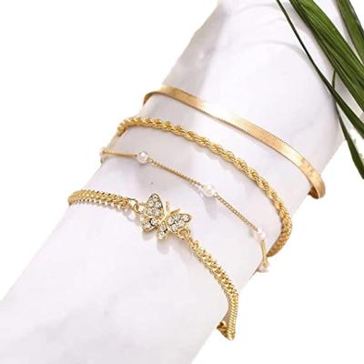 China Hot Selling BOHEMIA Blingbling CZ Full Restriction Chain Beach Anklet Diamond Butterfly Layered Anklet Pearl Earrings Set for sale