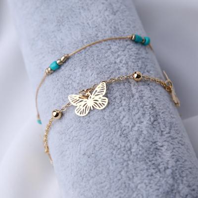 China 2022 BOHEMIA butterfly beach ankle chain multilayer butterfly sandals trend layered barefoot anklet for women for sale