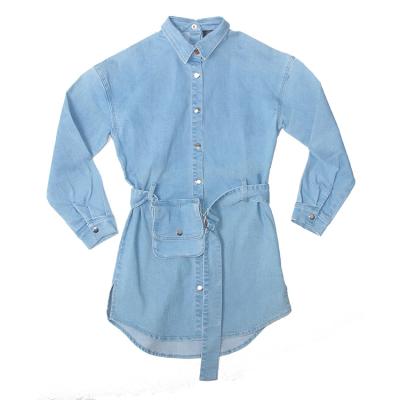 China Breathable Design Women Denim Shirt With Belt And Bag Long Sleeves Fashion Ladies Denim Shirts for sale