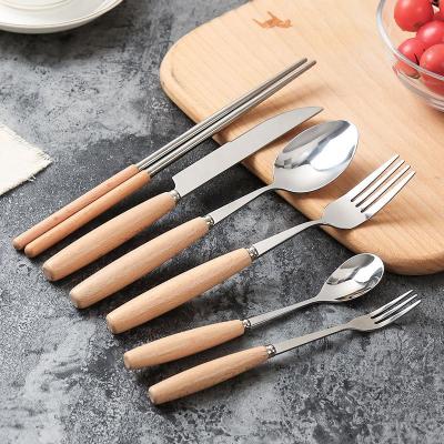 China 100% Food Grade Stainless Steel Flatware 6pcs 304 Hopsticks Spoon Knife Viable Cutlery Set With Wood Handle for sale