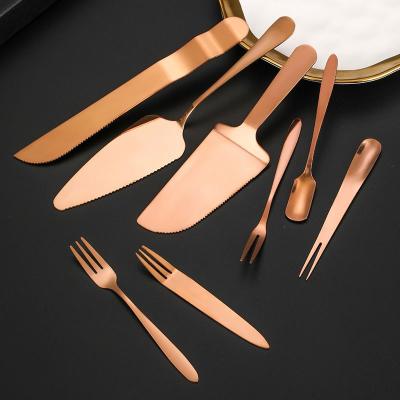 China High Quality Viable Stainless Steel Pizza Pia Cream Rose Gold Wedding Cake Server Knife Fork Spoon Set for sale