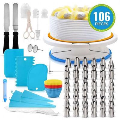 China Sustainable Faster Delivery 106 Pcs Cake Nozzle Set Baking Tool Kit 11 Inch Cake Turntable Non-Skid Stand Cake Decorating Supplies for sale