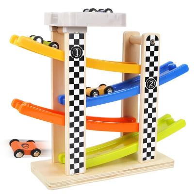 China Fun Four Lane Sliding Toy Car Kids Education Puzzle Lane Wooden Early Educational Preschool Speed Bounce Car Inertia Racer Car for sale