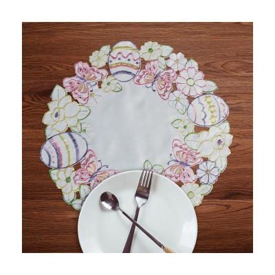 China OWENIE Home Decor Viable Colorful Spring Round Embroidered Floral Cutwork Butterfly And Easter Eggs Place Mats For Dining Room for sale