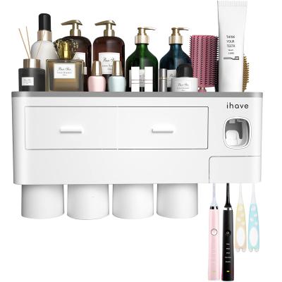 China 2021 Self Squeezing Bathroom Auto Squeeze Wall Mount Automatic Toothpaste Dispenser With 4pcs Toothbrush Holder Ecoco for sale