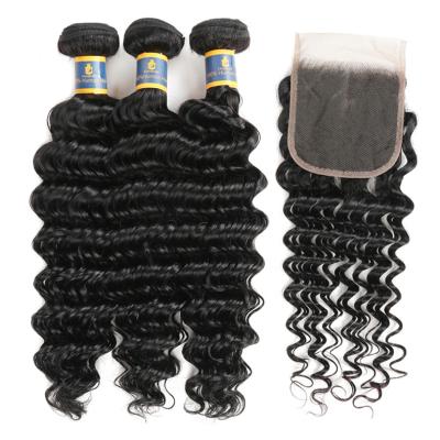 China No Shedding/No Tangle Curly Bundles/Soft/Shiny Peruvian Deep Wave 360 Lace Virgin Hair Headband With Closure for sale