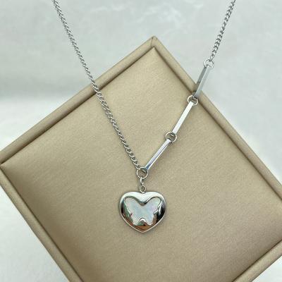 China TRENDY Unfading Silver Color Stainless Steel Necklace Heart Pendant With Shell Butterfly Necklaces Spliced Chain New In Minimalism for sale