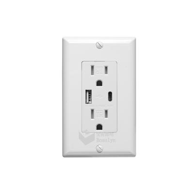 China Bosslyn Residential / General Purpose UL Certificated Type C & Type A 4.8A 5V USB 15A Tamper Resistant Receptacle AC Power Socket With Wall Plate for sale