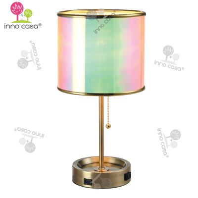 China New Arrival BKLT-EG17 Customized Decorative 40W Gold PVC Iridescent Shade Table Light Lamp With Usb Port And AC Power Outlet for sale