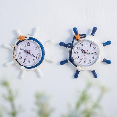 China Wooden Mediterranean Anchor Clock Beach Theme Ship Nautical Wheel Style Home Wall Clock Hanging Decoration for sale