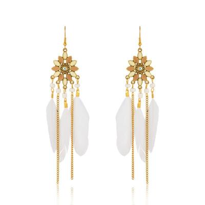 China Ethnic Style Travel Vacation Street Photography Long Chain Feather Earrings Jewelry Ethnic Earrings for sale