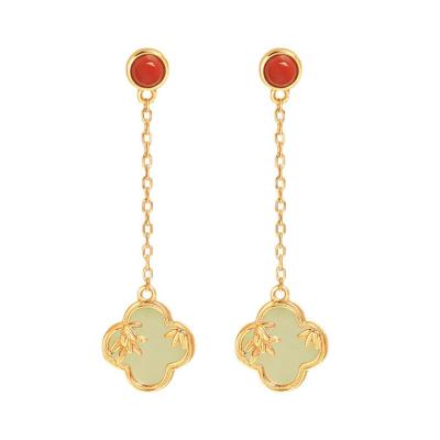China Ethnic Bamboo Leaf Hetian Jade Four-Leaf Clover Earrings for Women Ethnic Elegant Antique Style Jade Earrings Decorations for sale