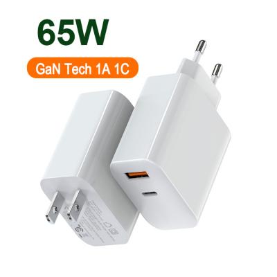 China QC Super High Speed Dual Port Wall PD GaN Quick Travel Charger 65W Quick Charging Brick Adapter for sale