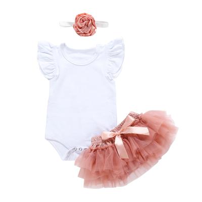 China Breathable Comfy Baby Set Blank Print Baby Clothes Sets Pink Skirt Girl Kids Clothing Sets Baby Ruffle Romper for sale