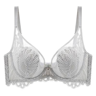 China QUICK DRY thin non sponge back style gathered soft steel ring big chest show adjustable small millimeter closed breast underwear women's lace bra for sale
