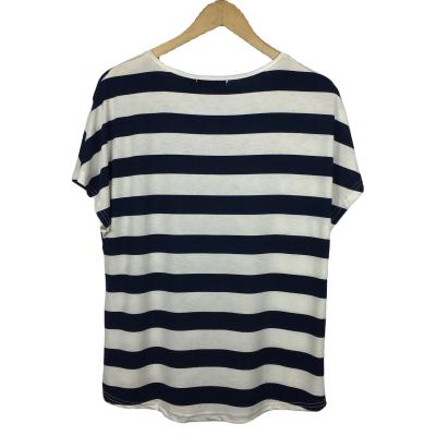 China QUICK DRY Casual Dark Blue Short Stripe Summer T-Shirt Women Oversized Casual Sleeve Plus Size O Neck Shirts For Women for sale