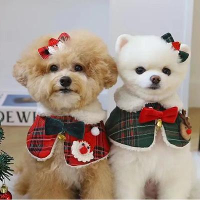 China Stocked Plaid Christmas Dog Bandana Collar Pet Shawl Collar Puppy Bichon Poodle Dog Accessories With Hairpin Set Dog Supplies for sale