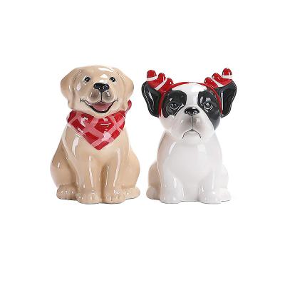 China 2Pcs Viable Ceramic Dog Shape Salt And Pepper Shakers Set Spice Container Condiment Jar Storage Bottle Kitchen Gift Set Instrument for sale