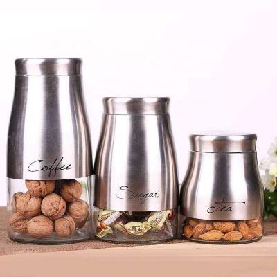 China Huge Freshness Keep Sliver Coffee Tea Coffee Sugar Stainless Steel Coating Glass Canister Set for sale