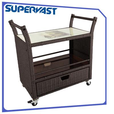 China Living Steel Frame Outdoor Resin Wicker Furniture Dining Trolley Resin Rattan Serving Cart for sale