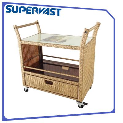 China Steel Outdoor Garden Resin Wicker Patio Furniture Dining Trolley PE Rattan Serving Cart for sale