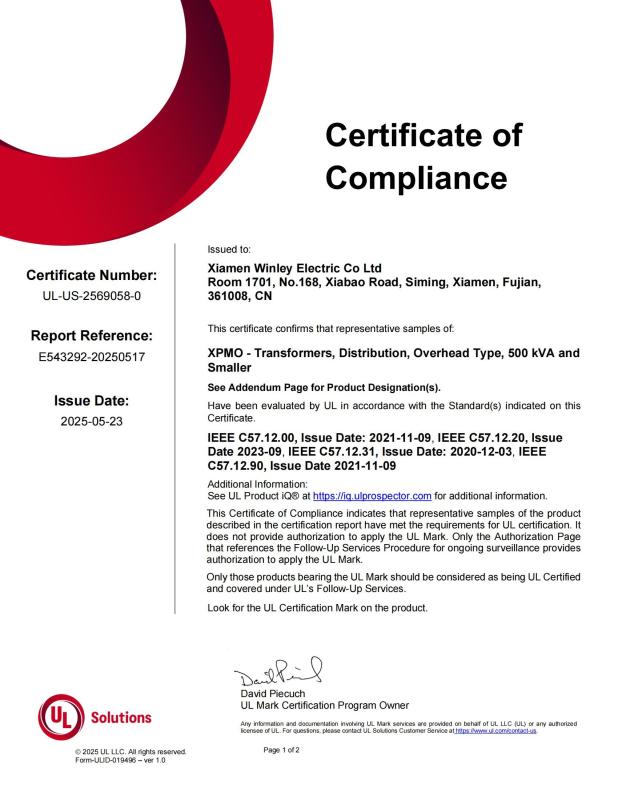 UL certificate - Xiamen Winley Electric Co.,Ltd
