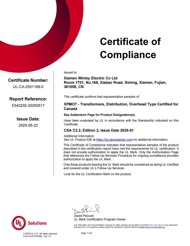 cUL certificate - Xiamen Winley Electric Co.,Ltd
