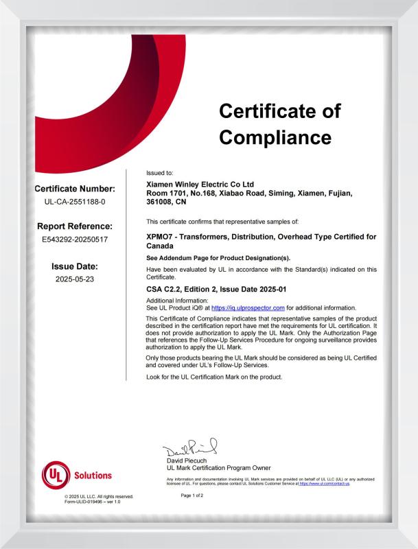 cUL certificate - Xiamen Winley Electric Co.,Ltd