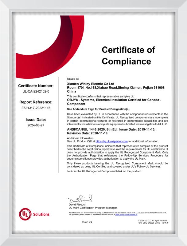 cUL certificate - Xiamen Winley Electric Co.,Ltd
