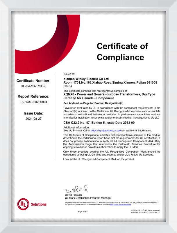 cUL certificate - Xiamen Winley Electric Co.,Ltd