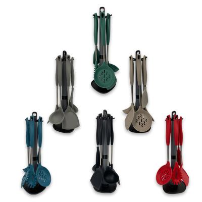 China Sustainable 6 Pieces Set Stainless Steel Handle Silicone Kitchenware Silicone Kitchen Tools With Storage Rack for sale