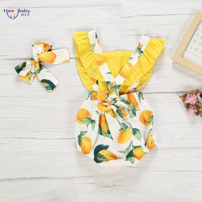 China Hao Baby Infant Girls Summer Leisure Lemon Antibacterial Cute Bright Yellow Print Sleeveless Backless Romper Triangle Romper for sale