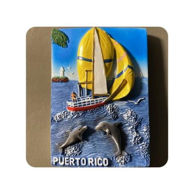 China USA Puerto Rico Creative Handmade Resin Dolphin Sailing Seaview Tourism Handwork Commemorative Decorative Fridge Magnets for sale