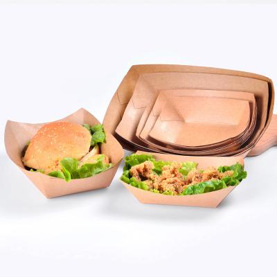 China Recyclable Compostable Eco Green Biodegradable Bagasse Fruit Try Disposable Hot Dog Kraft Paper Food Trays Printed Paper French Fries Cone for sale