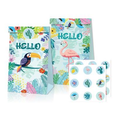 China Paper Bags Huancai Hawaii Summer Good Morning Gifts Bags Toucan Design 12 Pcs Kraft Paper Bags Kids Birthday Gift Candy Bag With Stickers for sale