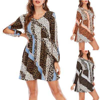 China Viable 2021 Autumn New Fashion Women's Color Matching Leopard Print V-Neckline Printed Dress for sale