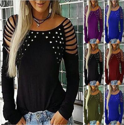 China Viable Rhinestone Shirts For Women Long Sleeve Solid Color T Shirt Women With Hot Rhinestones Tops Shirts for sale