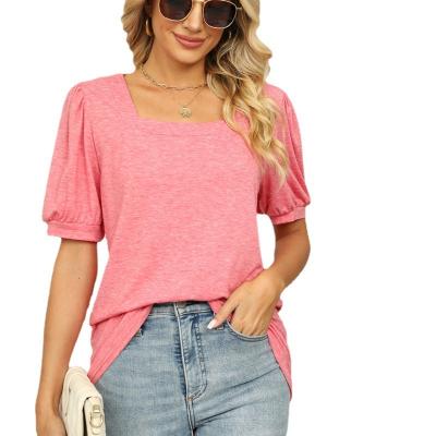 China Breathable Top T-shirt Plain Color Casual Square Neck Pleated Short Sleeve Women's Bubble Sleeve Simple Push-Up T-Shirt for sale