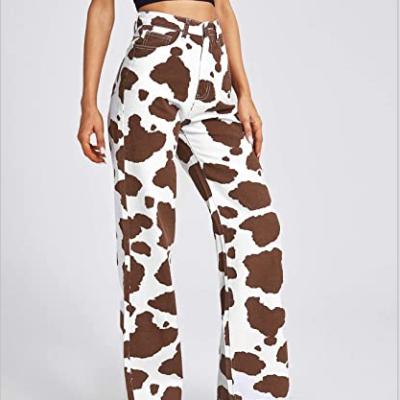 China 2021 New Painted Ladies Casual Straight Elastic Wide Leg Women Jeans Pants Plus Size Women's Pants And Trousers 223 for sale