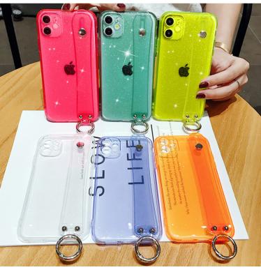 China new design Anti-fall bling sparkle crystal transparent tpu back cover for iphone case with hand strap for iphone 11 pro max for sale