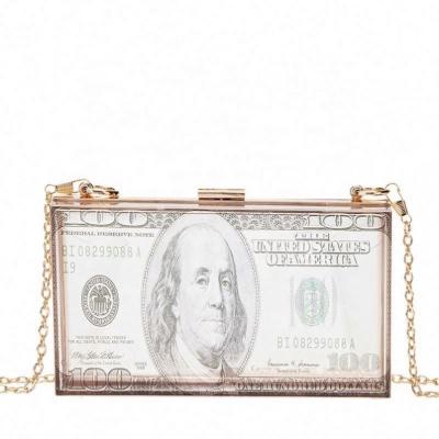 China Fashionable Durable Hot Selling 100 Dollar Bag Printing Technology Hard Box Acrylic Resin Transparent Clutch Purse Cross - Body Shoulder Eveningbag for sale