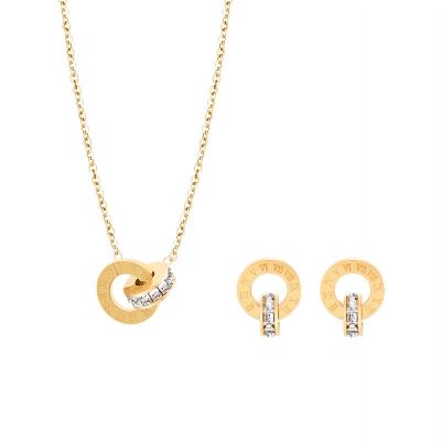 China Wholesale FASHIONABLE Jewelry Set 18K Gold Plated Stainless Steel Zircon Roman Numeral Lucky Pendant Necklace Earring Set for sale