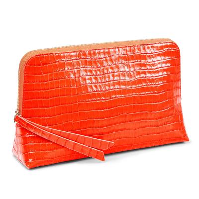 China Large Logo Croc Leather Orange Ladies Makeup Bag Corc Zipper Travel Cosmetic Case Pouch Custom Women Classic Cosmetic Bag for sale