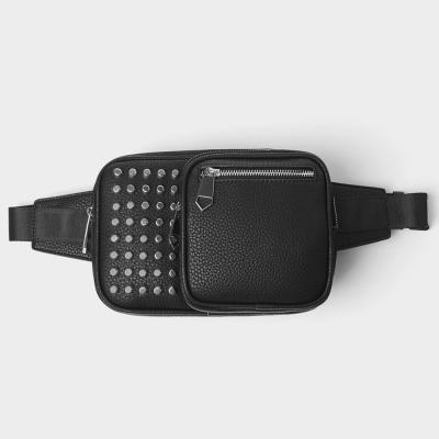 China Custom Logo Vegan Leather Black Studded Water Proof Rivet Mens Fanny Pack Fashion Waist Belt Bag For Men for sale