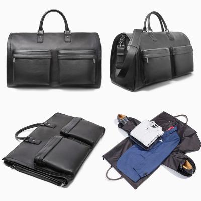 China Custom Logo Pebble Leather Black Mens Travel Garment Suit Duffle Weekender Bag Mens Garment Weekender Bag for sale